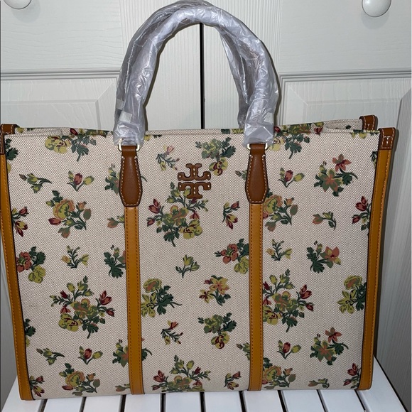Tory Burch jumbo canvas tote shoulder bag natural rose floral yellow beige - Picture 2 of 14